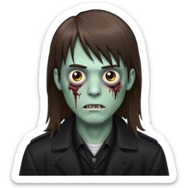 Zombie, emo guy with dark circles under his eyes and long brown hair with straight bangs, in a black long
 sticker