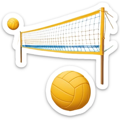 The scene captures the relaxed yet competitive vibe of beach volleyball, with warm sunlight and the natural beauty of the beach. A volleyball resting on the yellow sand on a beach, with the net in the background and a scenic view of the ocean and sky.  sticker