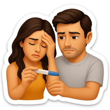 Create an emoji of a worried couple looking at a pregnancy test. The style should be realistic in facial and body features, inspired by Apple emoji style but with more realism. The background should be transparent. sticker