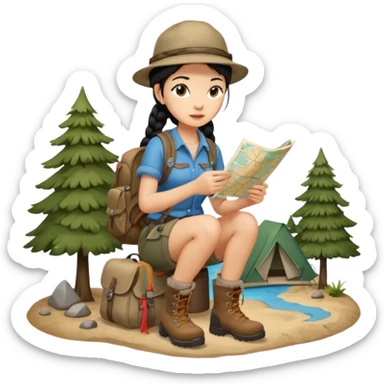 A braid black hair backpacking woman checking her map with curious eyes while walking wear camping hat and dirt covered boots full body sticker