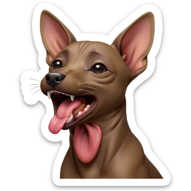 Cinematic Cute Yawning Xoloitzcuintle dog Portrait Emoji, Head tilted slightly with a dramatic, wide-open yawn, showcasing smooth, hairless ebony skin with gently relaxed wrinkles and floppy ears slightly drooping, round dark eyes barely open in drowsy contentment, Simplified yet irresistibly adorable features, highly detailed, glowing with a soft, cozy glow, high shine, relaxed yet expressive, stylized with a touch of whimsy, bright and endearing, soft glowing outline, capturing the essence of a sleepy yet affectionate guardian, so drowsy it feels like it could stretch out of the screen and curl up for a nap! sticker