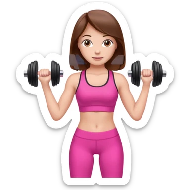 beautiful girl with brown hairs in sport wear in her hands is dumbbells her skin was light and hairs too and her sport wear was pink  sticker