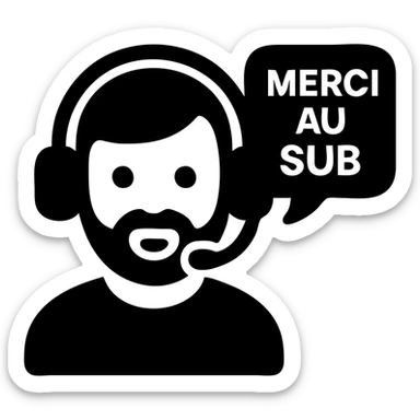 A person with black hair, brown eyes, and a black beard wearing a gaming headset saying "merci au SUB" sticker