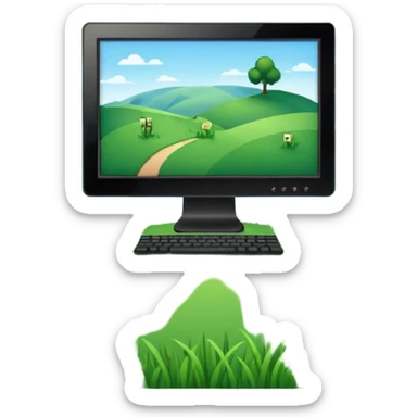Minimalistic flat vector icon, iOS style, thin black contour on white background. Computer monitor showing a simple stickman character inside a game world. Clean, no text, no shadows sticker