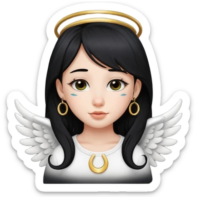 stworz emotke jak z iphone dziewczyna aniol jasna cera i czarne włosy i kolczyk w nosie ten krowi tylko że podkowa czarna  sticker