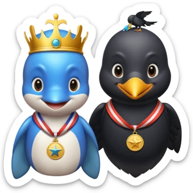 A delfin with e medal and a crow king sticker