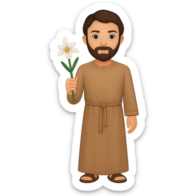 Create a full body, standing front view emoji style illustration of Saint Joseph wearing a long tan robe similar to the reference. He has dark brown hair and a beard. The style should be consistent with emoji style and the background should be removed. Produce new variations similar to previous results. sticker