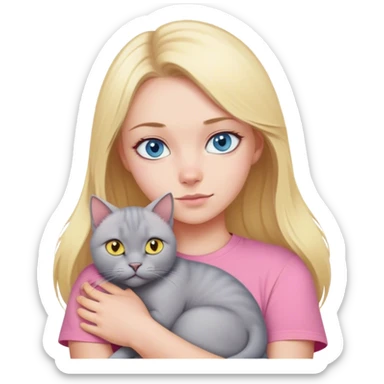 A blonde with blue eyes in a pink T-shirt hugs her big grey British cat with yellow eyes sticker