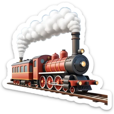 A 3D cartoon steam train puffing clouds of white smoke from its chimney, outdoor scene, warm sunlight, realistic Memoji-style. sticker