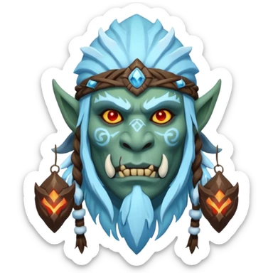 Fantasy Christmas orc shaman icon, ice spirit magic theme, glowing runes, winter tribal mask elements, mystical cold atmosphere, emoji sized portrait, male/female variant sticker