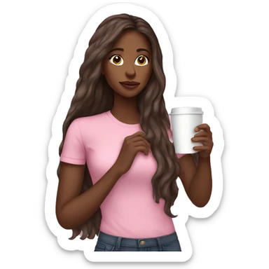 Very long hair pretty brown girl sipping coffee pink shirt sticker