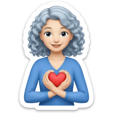 Silver, wavy/curly hair chin-length lady giving hug with 2 arms, blue v-neck and smiling, add a heart, not blue hair sticker