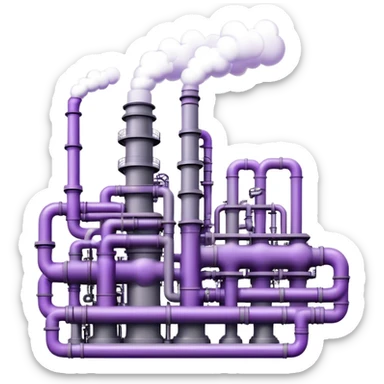 An emoji of an industrial factory in realistic gray tones, with pipes and smokestacks. Instead of smoke, soft neon violet bubbles flow out, symbolizing AI power and efficiency sticker