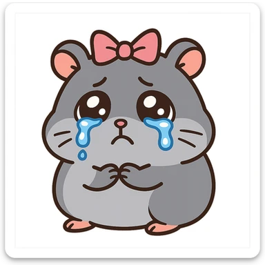 a small, round gray hamster with teary eyes and a pink ribbon on its head, cartoon style sticker