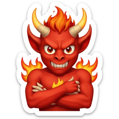 a Red devil, short horn Devil with flaming eyes, crossing arms sticker