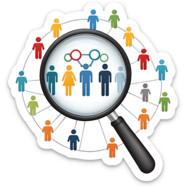 An icon featuring a network of interconnected people, a magnifying glass, and a chart, symbolizing sociology. The design includes diverse figures and social patterns, representing the study of society, behavior, and social structures. Transparent background highlights human interaction sticker