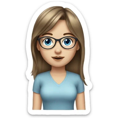 white girl, brown hair, blue eyes, bangs, glasses sticker