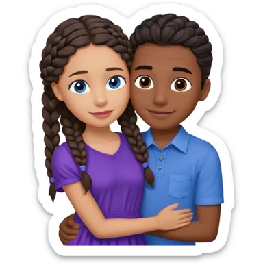 Boyfriend who is medium tan olive skinned with blue eyes and wavy straight brown hair in a blue shirt and his girlfriend who is dark skinned, juicy lipped with black braided hair and the two are hugging and smiling she’s wearing purple and she has black eyes sticker