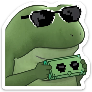 bufo with triangle shaped 8 bit sunglasses full black, confident smile, with a black hole in his hand sticker