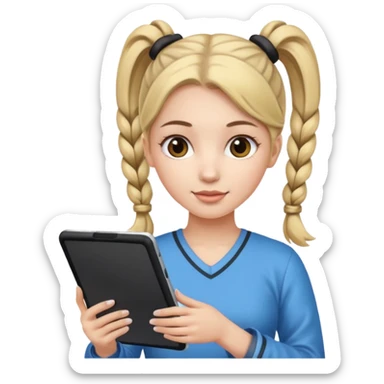 woman with two ponytails hair with tablet sticker