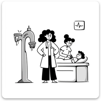 A doctor in a hospital surrounded by an x-ray machine and heart rate monitor a nurse treating patients sticker