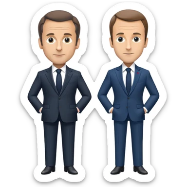figures of Nicolas Sarkozy and Emmanuel Macron standing side by side, both with oversized heads and small bodies, wearing suits, highly recognizable faces, simplified details sticker