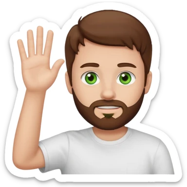 boy with brown hair, green eyes, trimmed beard, white t-shirt, waving sticker