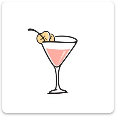 A fancy cocktail glass with decorative garnish in pastel colors (dd9fb0, ffc6d3, a3bfc9, c4bee2, f1b091), hand-drawn doodle style sticker