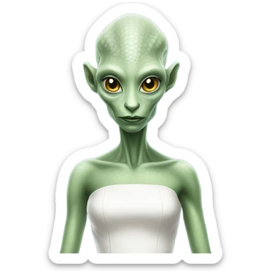  a Reptilian alien woman, in white dress, in front of his house sticker