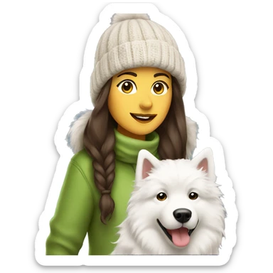 brunette female with knit hat walking a samoyed sticker
