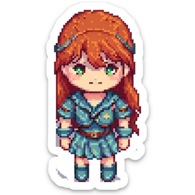 Change hair color to red, keep the same pixel art style and choppy bangs, with no background. sticker