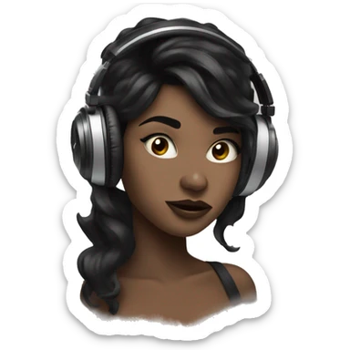 A girl with black hair with wind blowing through her hair listening to music with wire headphones and nude lipstick on sticker