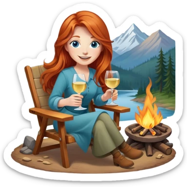 Happy redhead with long hair and blue eyes holding white wine sitting in chair campfire sticker