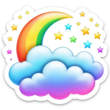 Neon rainbow colored moon with stars and clouds sticker