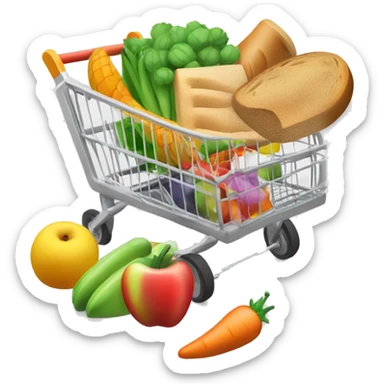 Create a simple 3D color illustration of the emoji 🛒, depicting a grocery cart filled with various items like fruits, vegetables, and bread, on a pure white background. Ensure the design includes all elements typical to the emoji's representation. sticker