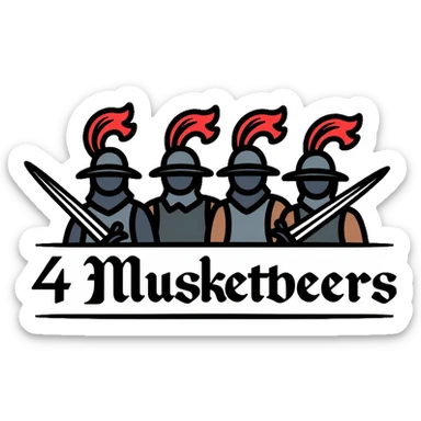 Four musketeers with feathered hats and swords with the text "4 Musketeers" sticker