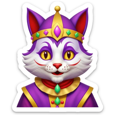 crazy colorful cute little cat jolly joker from poker, medieval, vintage, court jester, mac os icon, purple, yellow and red color, half body sticker