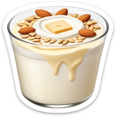 A glowing white leg bone in the center, surrounded by floating calcium-rich foods: yogurt, shredded cheese, almonds, and sesame seeds. All items are floating and slightly shining, arranged in a circle around the bone. sticker