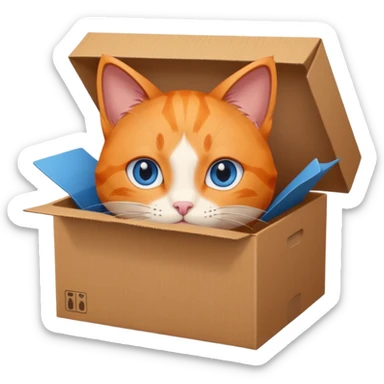 anime character cat that is orange cat, that its body is inside of a simple brown box. cats eyes are blue , but head is showing up from a box, body is inside the box. also cat is inside a lpened box sticker