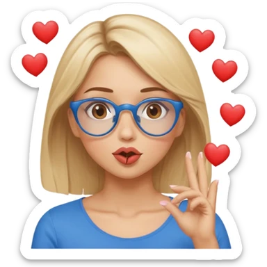 Asthectic Blonde women with her hair up, brown eyes, blue glasses, waering a brown top, blowing a kiss with hearts around her. sticker