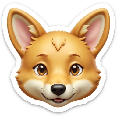 Cinematic Cute Dingo Portrait Emoji, Head tilted playfully and inquisitively, featuring a glossy sandy fur with naturally perky ears and round, sparkling amber eyes filled with curious mischief, Simplified yet irresistibly adorable features, highly detailed, glowing with a warm, friendly glow, high shine, affectionate and spirited, stylized with a touch of outback whimsy, bright and endearing, soft glowing outline, capturing the essence of a mischievous yet loving dingo, so playful it feels like it could bound out of the screen into your arms! sticker