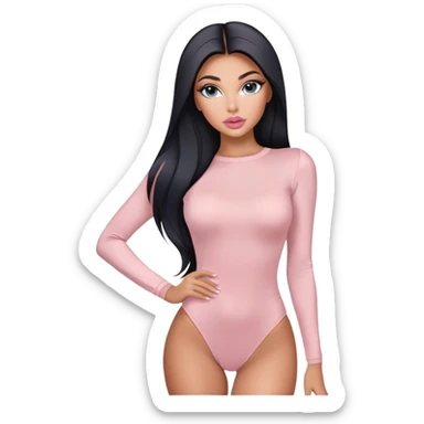 Glamours, tanned, very beautiful girl, with big pump peach-beige-rose lips, long long lashes, black straight smooth silky long hair, straight parting hair, blue-grey eyes in light pink long-sleeves bodysuit sticker