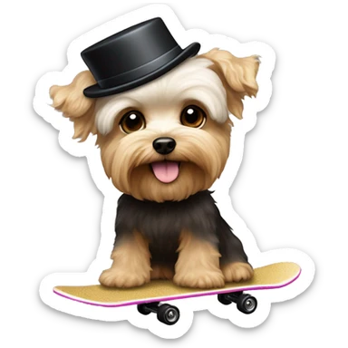 yorkie bichon mix. dog with light tan curly fur, very very long ears down. dark brown eyes, mouth closed. wearing a top hat on a skateboard sticker