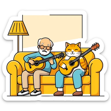 old blind man playing ￼guitar  on the couch ￼with his ￼golden cat  sticker