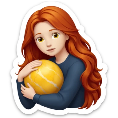 Happy long haired redhead hugging big yellow marble sticker