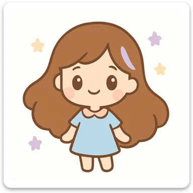 adorable brunette girl with flowing long hair, smiling expression, white background sticker