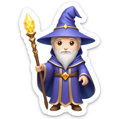 Clash of Clans aesthetic: Cinematic heroic powerful Wizard Hero Emoji, rendered in a 3D vector-style similar to standard emojis with minimal shading and bold, simplified shapes. A compact, isometric figure draped in flowing enchanted robes and wielding a mystical staff, softly glowing with an arcane magical charm. Simplified yet unmistakably iconic, highly detailed and consistent, glowing with a soft radiant glow and high shine. Stylized with a touch of whimsical sorcery and a soft glowing outline, capturing the essence of a powerful wizard ready to cast spells with a friendly, playful spirit! sticker