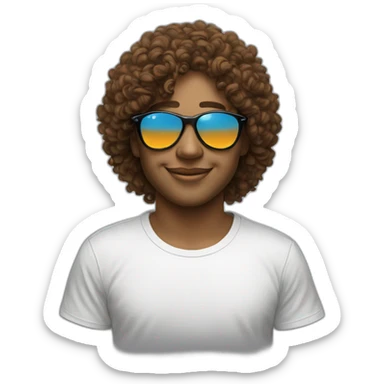 skyline by the ocean with curly brown hair, peuple sunglassees and black tee short with an orange flower on the back of the tee shirt sticker