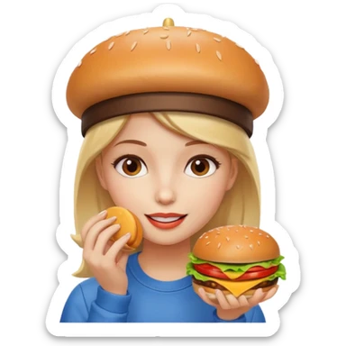 girl in a cap with a burger logo, eating burgers sticker