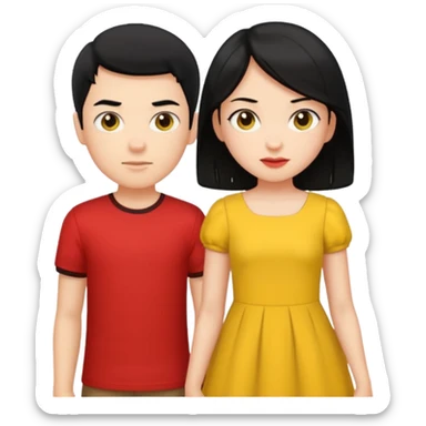 a boy with black hair and red shirt is between the legs of a girl with black hair and yellow dress sticker